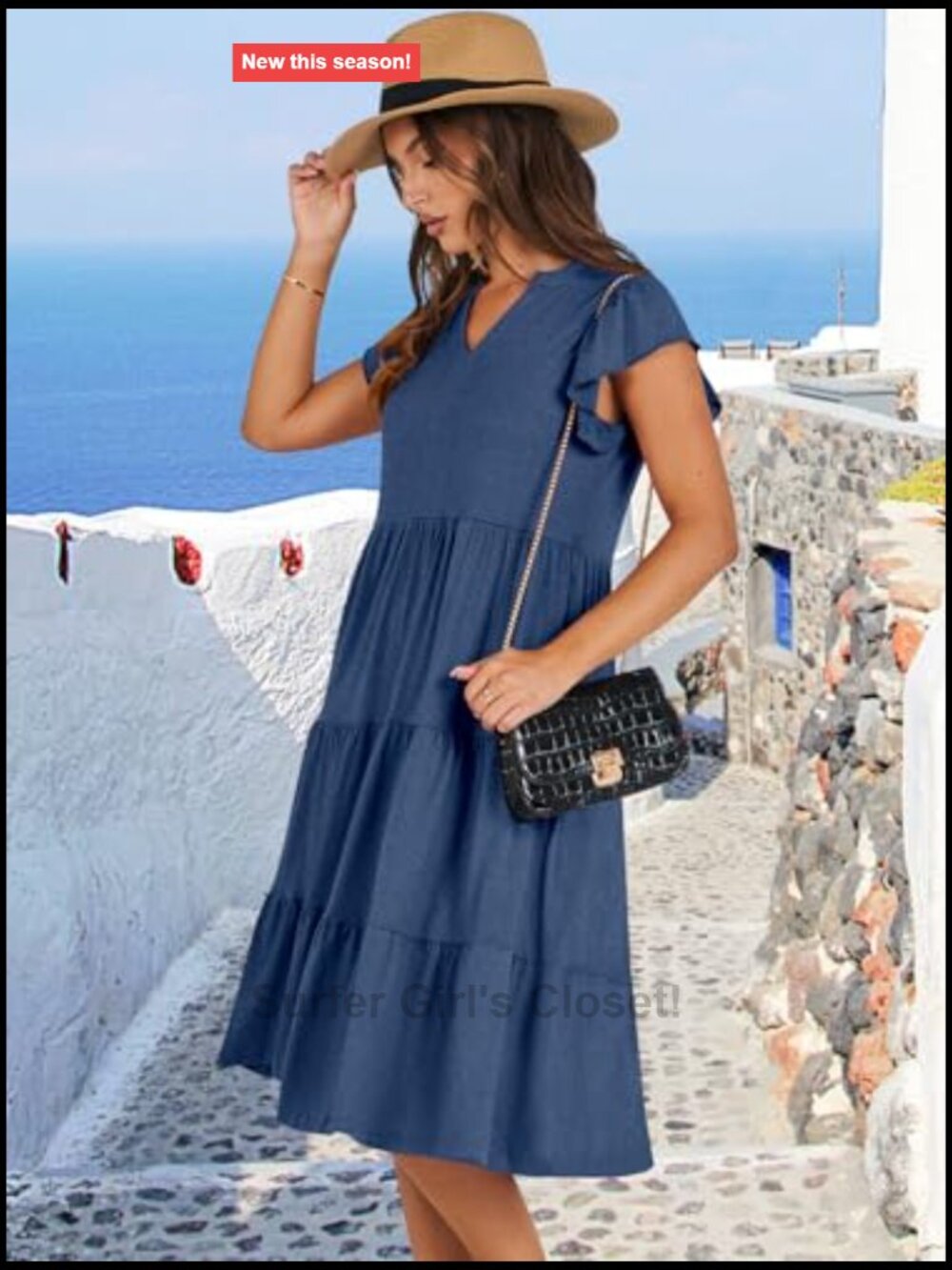 V Neck Ruffle Sleeve Tiered Midi Dress Flowy Summer Boho Beach - Picture 3 of 7